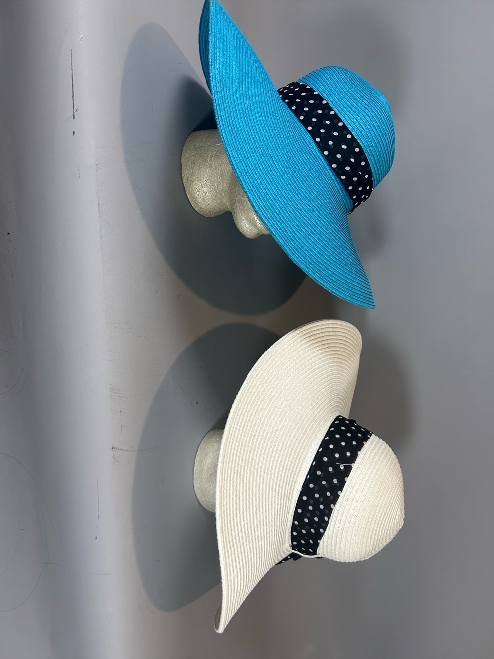 (10+) 2-Wide-Brim Sun Hat with Polka Dot Scarf - White & Turquoise Pretty Woman